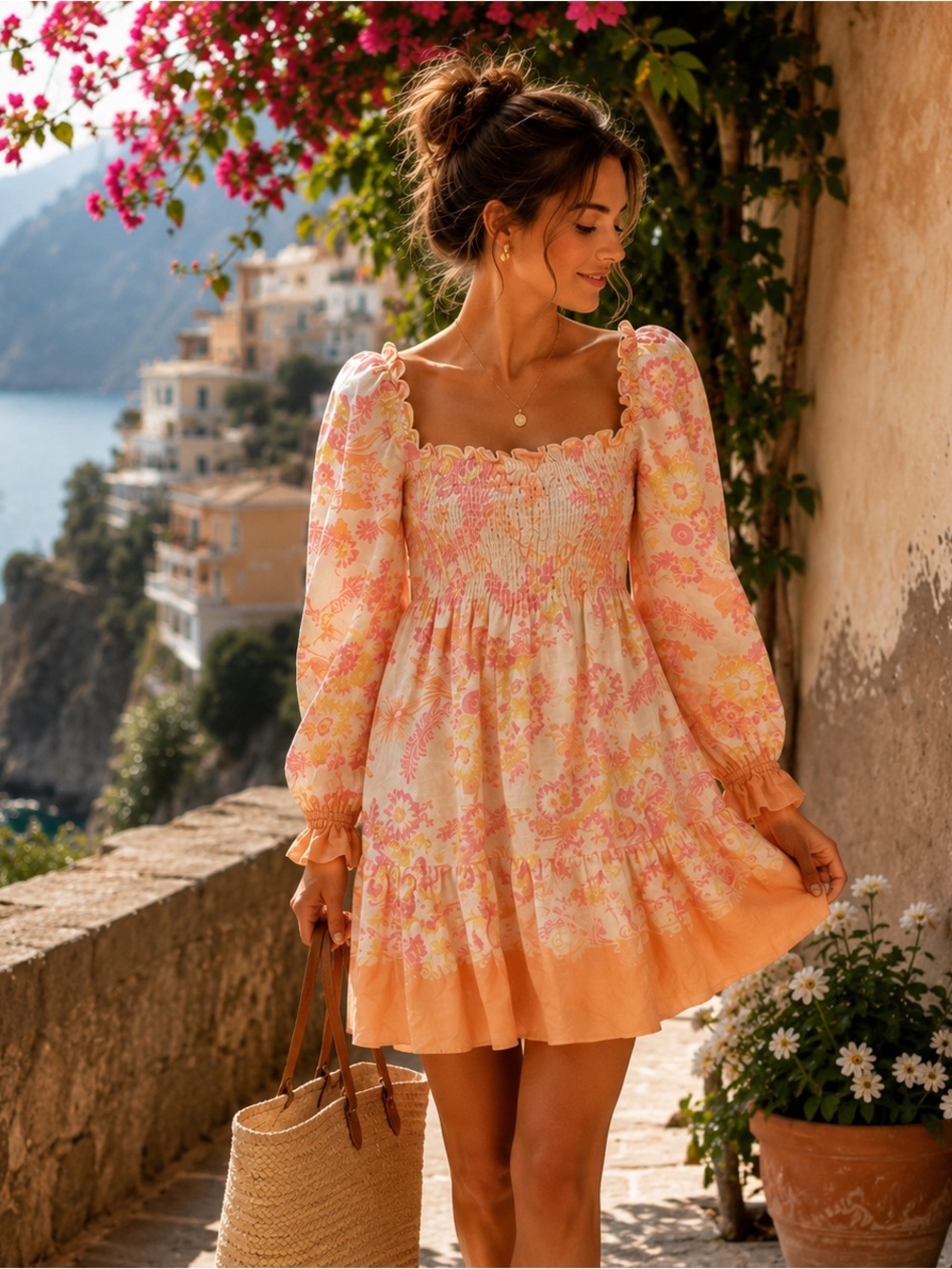 Ephemera 100% Linen Mini Dress Floral Puff Sleeve Smocked Resort Vacation US 4